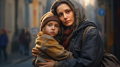 Mom hold child in war zone. Refugee, poverty, war and peace concept