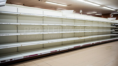 Empty shelves in store. Food shortage, hunger, war and economic crisis concept