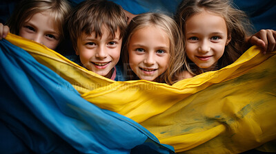 Buy stock photo Happy children with Ukraine flag. Symbol for patriotism, freedom, and growth concept