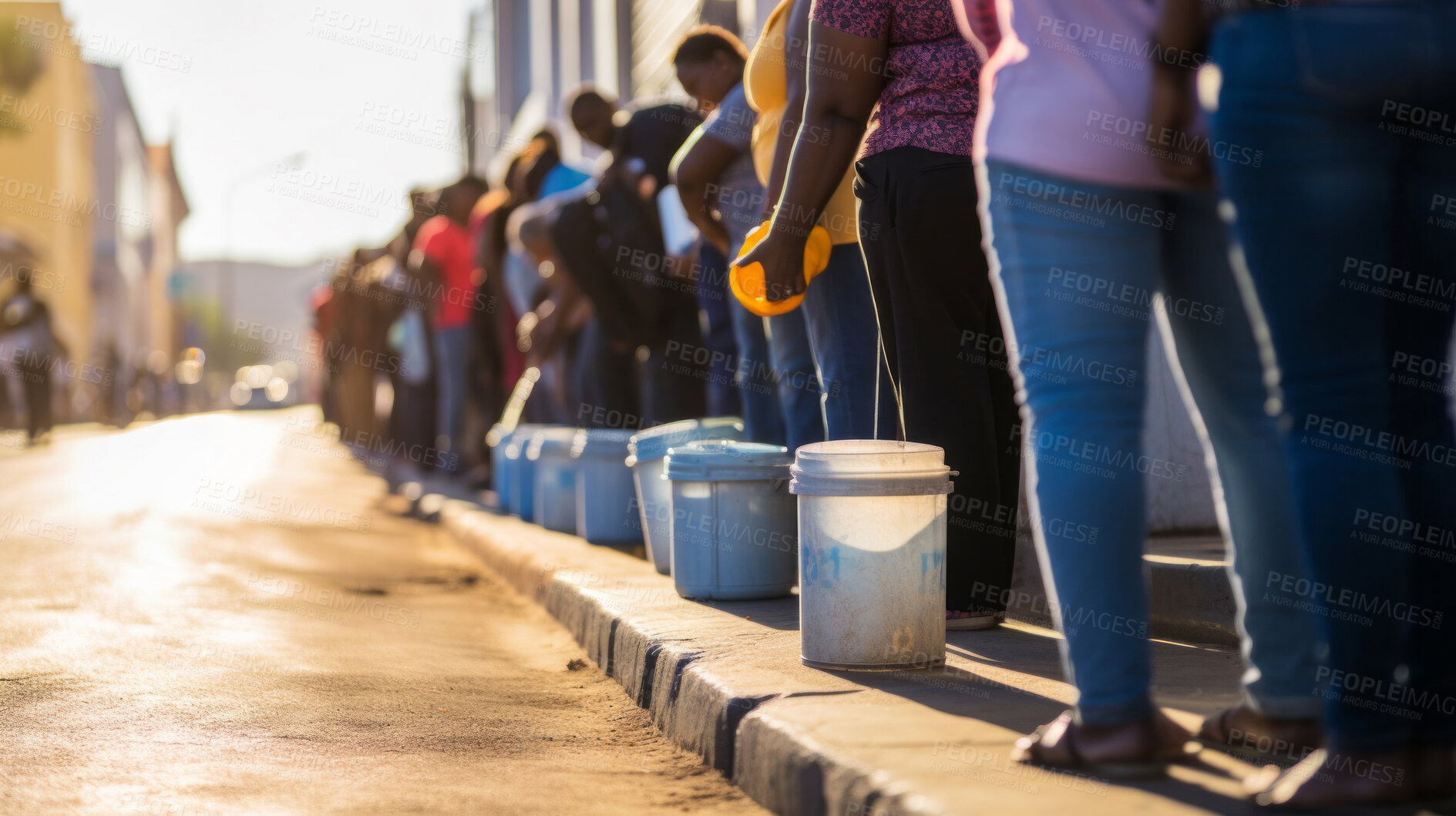 Buy stock photo Row of people in line for collecting water. Drought, war, water shortage concept