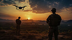 Silhouette of soldiers using drone for military combat or scouting operation.