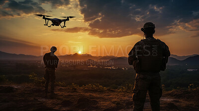 Buy stock photo Silhouette of soldier using drone for military combat or scouting operation.