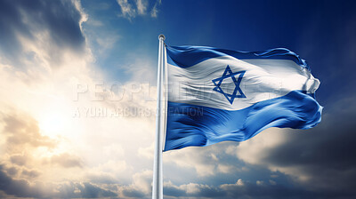 Buy stock photo Israel flag in the wind. Symbol for patriotism, freedom, and politics concept