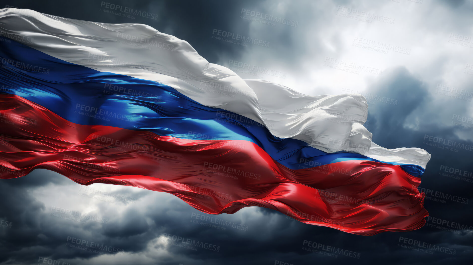 Buy stock photo Russia flag in the wind. Symbol for patriotism, freedom, and politics concept