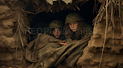 Buy stock photo Civilian refugees hiding during war. Bomb, shelter, safety from disaster concept