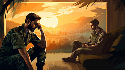 Buy stock photo Illustration of depressed military man needing therapy for counselling, support and psychology.