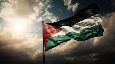 Buy stock photo Palestine flag in the wind. Symbol for patriotism, freedom, and politics concept