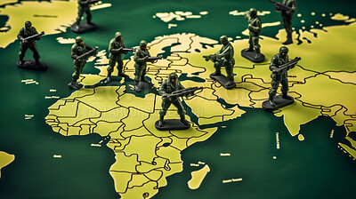 Buy stock photo World map with toy soldiers. War and military political crisis concept