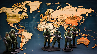 World map with toy soldiers. War and military political crisis concept
