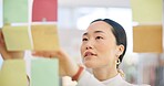 Sticky note, board and face of Asian woman, professional designer and planning project, startup ideas or entrepreneurship. Moodboard, creative or Japan person brainstorming solution, decision or plan