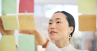Sticky note, board and face of Asian woman, professional designer and planning project, startup ideas or entrepreneurship. Moodboard, creative or Japan person brainstorming solution, decision or plan