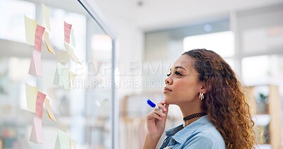 Buy stock photo Thinking, board and professional woman, designer and planning brand project, fashion ideas or company plan. Moodboard, reading and retail person brainstorming, problem solving solution or decision