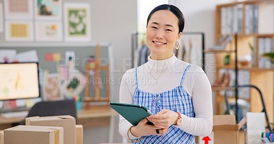 Ecommerce, smile and Asian woman with tablet for sales, checklist and work at fashion startup. Online shopping, boxes and small business owner with happy face, confidence and digital app for web shop