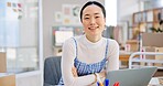 Ecommerce, Asian woman at laptop with confidence and smile for sales and work at fashion startup. Online shopping, boxes and small business owner with happiness, computer and website shop at desk.
