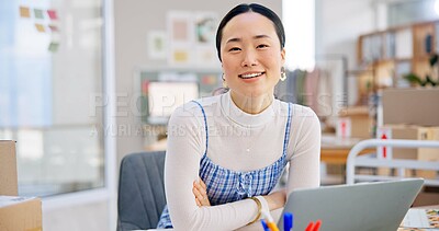 Buy stock photo Ecommerce, Asian woman at laptop with confidence and smile for sales and work at fashion startup. Online shopping, boxes and small business owner with happiness, computer and website shop at desk.
