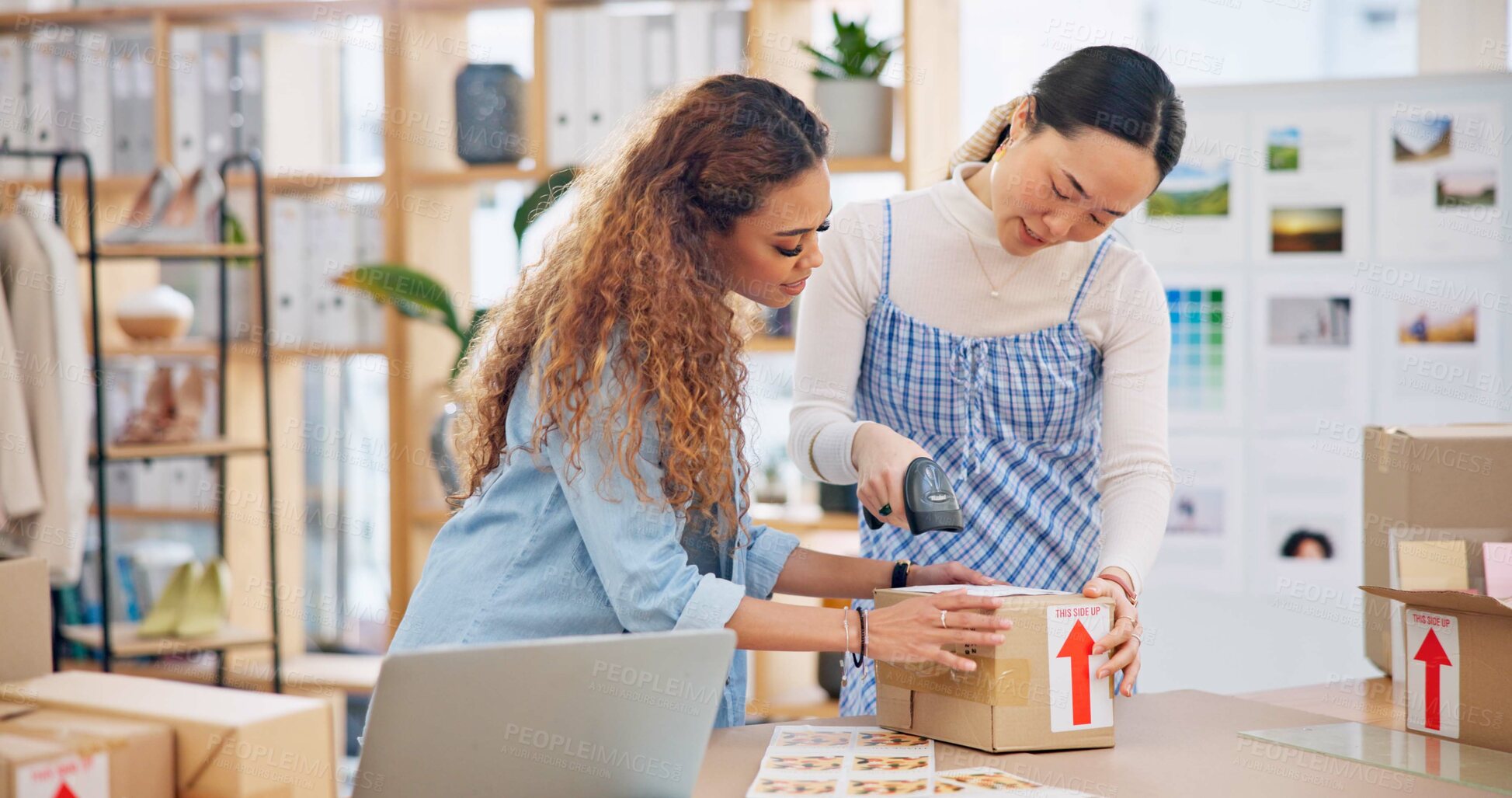 Buy stock photo Teamwork, women and barcode reader on box for shipping, stock check and inventory export in fashion store. Scanner, package and delivery of cargo for ecommerce, supply chain and designer on laptop