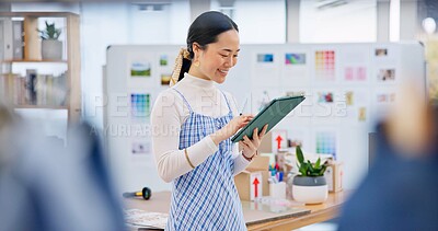 Buy stock photo Tablet, startup and young woman with business checking company website online on internet. Digital technology, retail and Asian female owner scroll for delivery information in store, shop or boutique