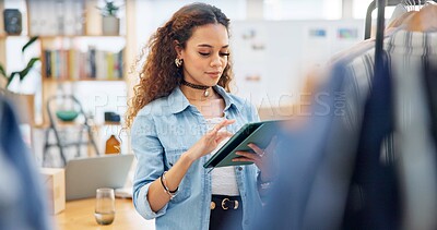 Buy stock photo Fashion, employee and woman with a tablet, store and inventory with ecommerce, connection and typing. Person, shop assistant and worker with technology, small business and online shopping with retail