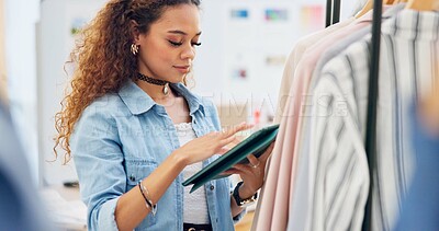 Inventory, employee and woman with a tablet, store and small business with ecommerce, connection and fashion. Person, shop assistant and worker with technology, typing and online shopping with retail