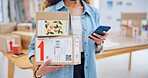 Package, startup and closeup of woman with phone for business at a fashion retail boutique. Networking, technology and female entrepreneur with cardboard boxes and cellphone for delivery information.