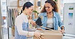 Teamwork, women and tape on box for shipping, delivery and export in fashion store. Small business, closing and packaging of cargo for ecommerce, supply chain and safety with designer collaboration