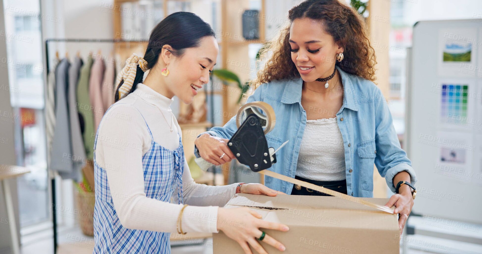 Buy stock photo Teamwork, women and tape on box for shipping, delivery and export in fashion store. Small business, closing and packaging of cargo for ecommerce, supply chain and safety with designer collaboration