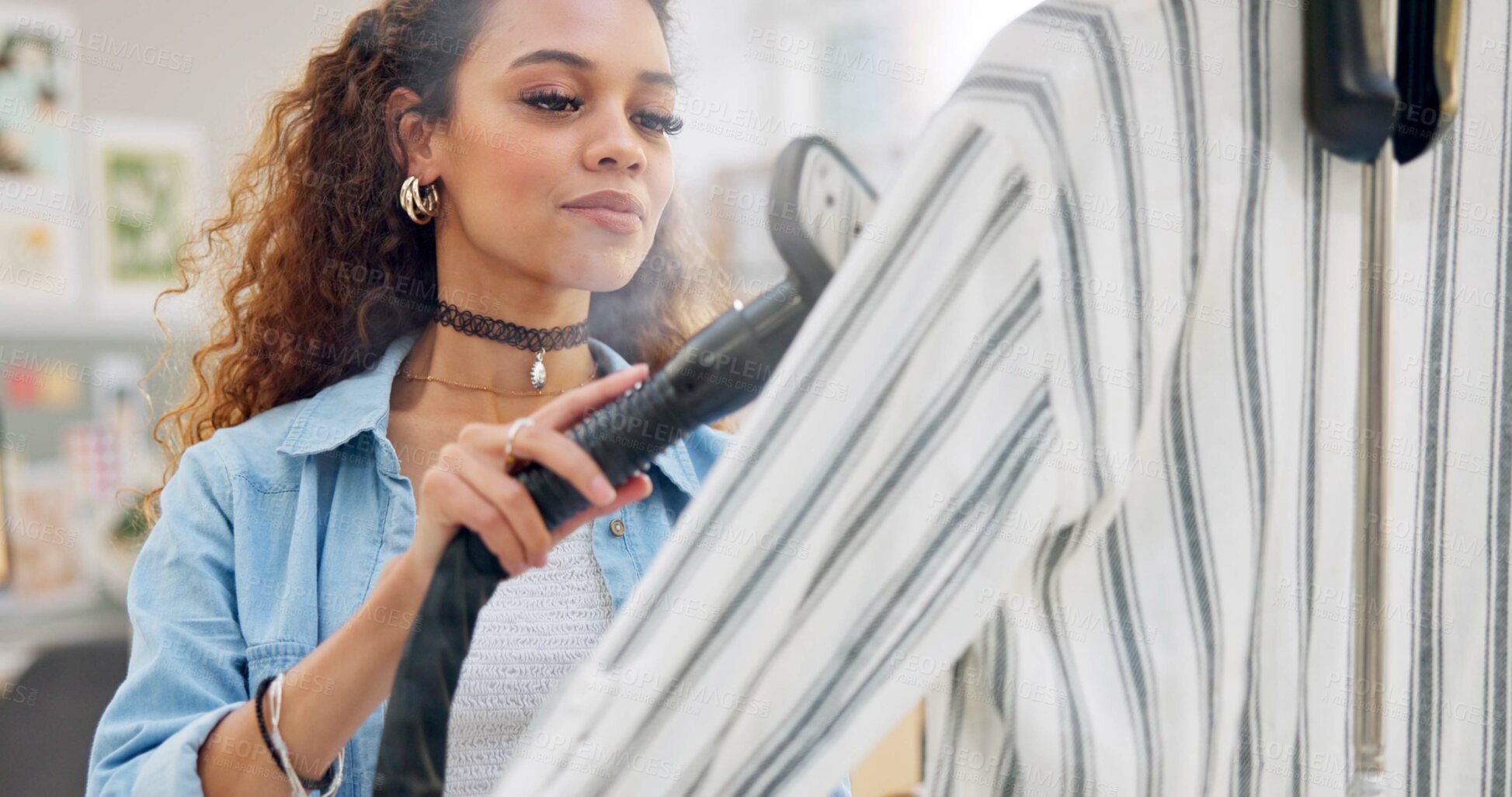 Buy stock photo Shopping, fashion and woman steam clothes in workshop for order, delivery and ecommerce startup. Small business, boutique and designer with heat for clothing for distribution, shipping and package