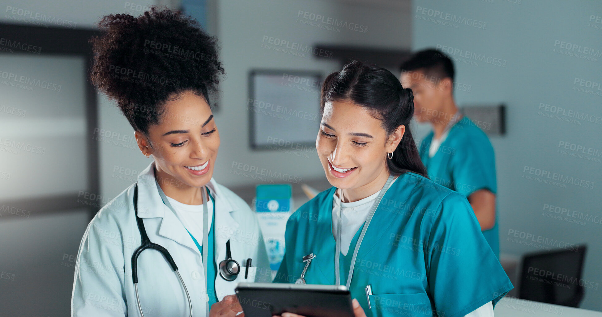 Buy stock photo Teamwork, discussion and doctors on tablet online in hospital for research, report advice and telehealth. Healthcare, clinic and women talking on digital tech for medical service, results and meeting