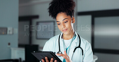 Tablet, healthcare doctor and woman typing online research, check medicine study and reading wellness information. Hospital service, medical cardiology and professional surgeon review clinic website