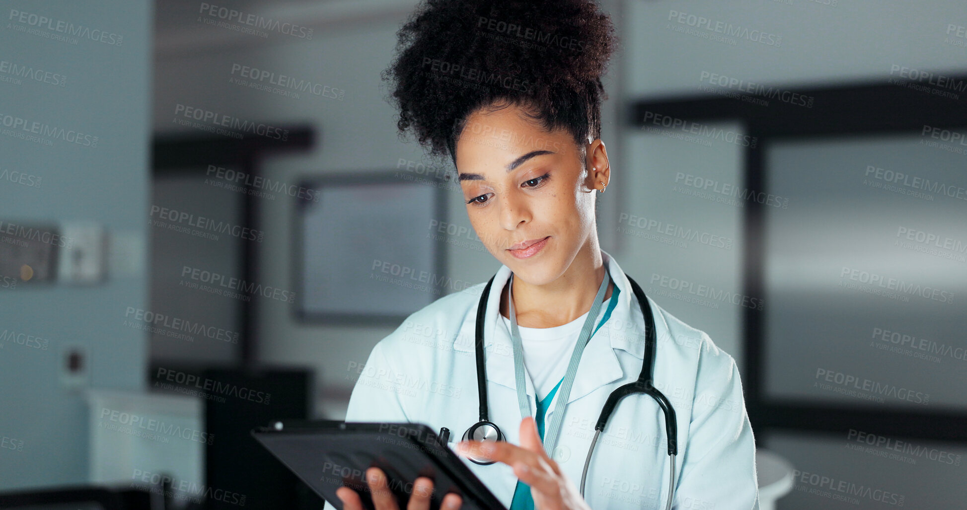 Buy stock photo Tablet, healthcare doctor and woman typing online research, check medicine study and reading wellness information. Hospital service, medical cardiology and professional surgeon review clinic website