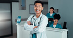 Happy, doctor arms crossed and Asian man, nurse or surgeon with career smile, job experience or pride. Hospital portrait, medical cardiology and professional healthcare worker for clinic support