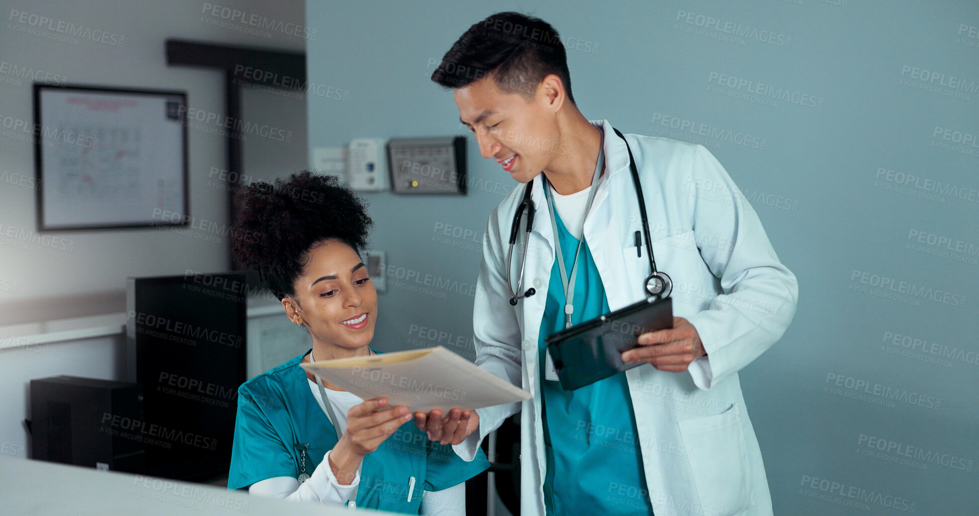 Buy stock photo Folder, tablet and receptionist people, doctor or administration consulting on report, database or medicine study. Medical team, collaboration chat or clinic secretary talking about results documents