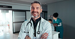 Surgeon, hospital or professional man, happy nurse or cardiologist with career smile, doctor service job or vocation. Employee portrait, work commitment or confident clinic worker for health wellness