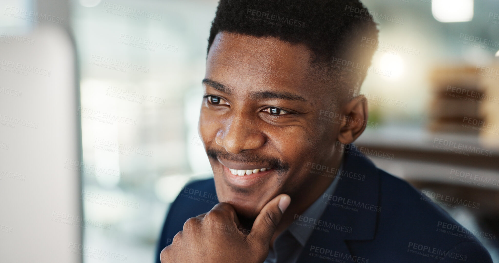 Buy stock photo Thinking, ideas and businessman on a computer in the office doing legal research for a case. Technology, reading and professional African male attorney working on a law project in modern workplace.