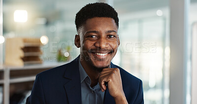 Face, smile and young businessman in office with confidence and positive attitude for startup at work. Employee, professional and portrait of entrepreneur and happy or ready for career in accounting
