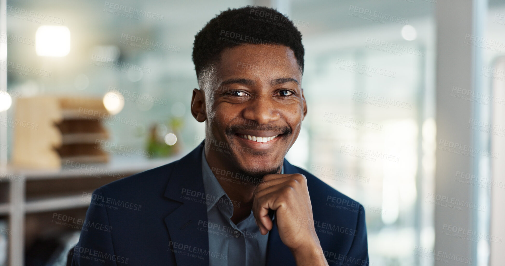 Buy stock photo Face, smile and young businessman in office with confidence and positive attitude for startup at work. Employee, professional and portrait of entrepreneur and happy or ready for career in accounting