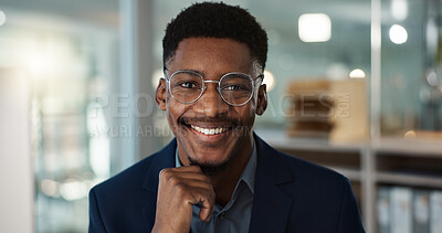 Young businessman, face and glasses in office with confident and positive attitude for startup at work. Employee, professional and portrait of entrepreneur and happy or ready for career in accounting
