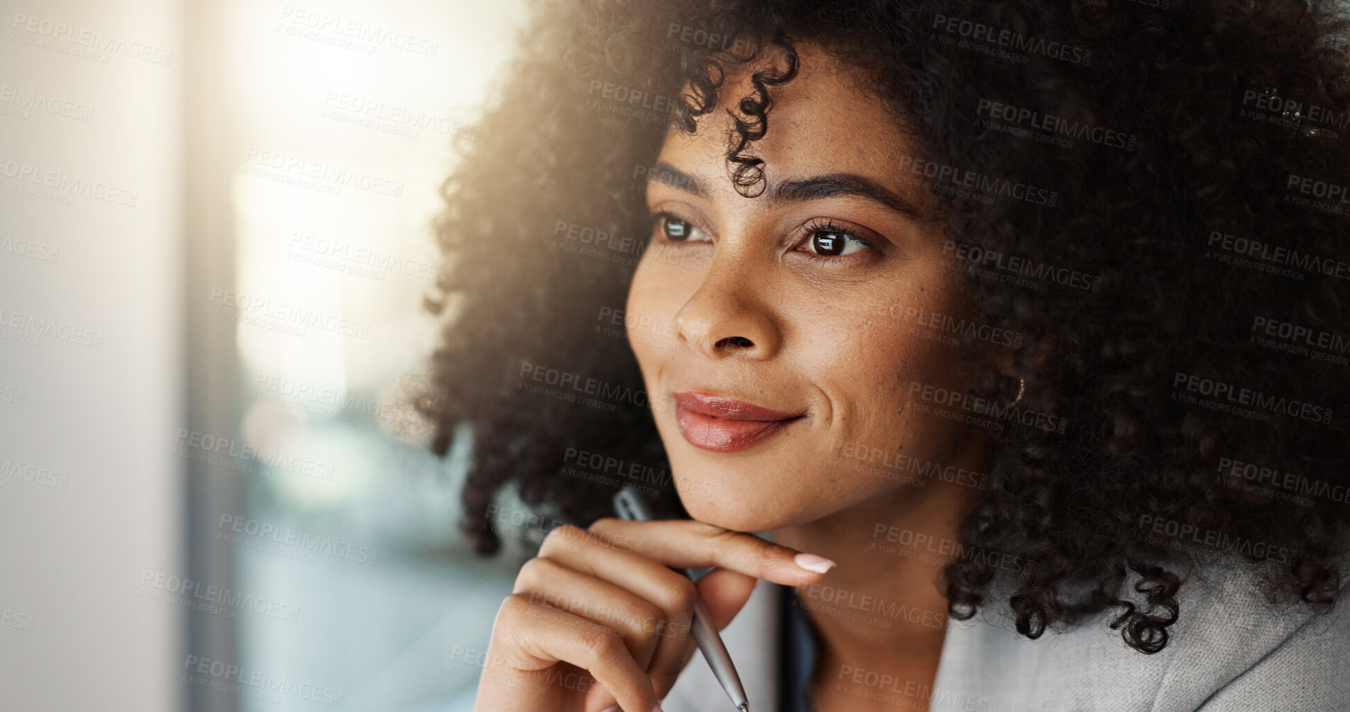 Buy stock photo Ideas, reading and businesswoman on a computer in the office doing legal research for a case. Technology, thinking and professional attorney from Mexico working on a law project in modern workplace.