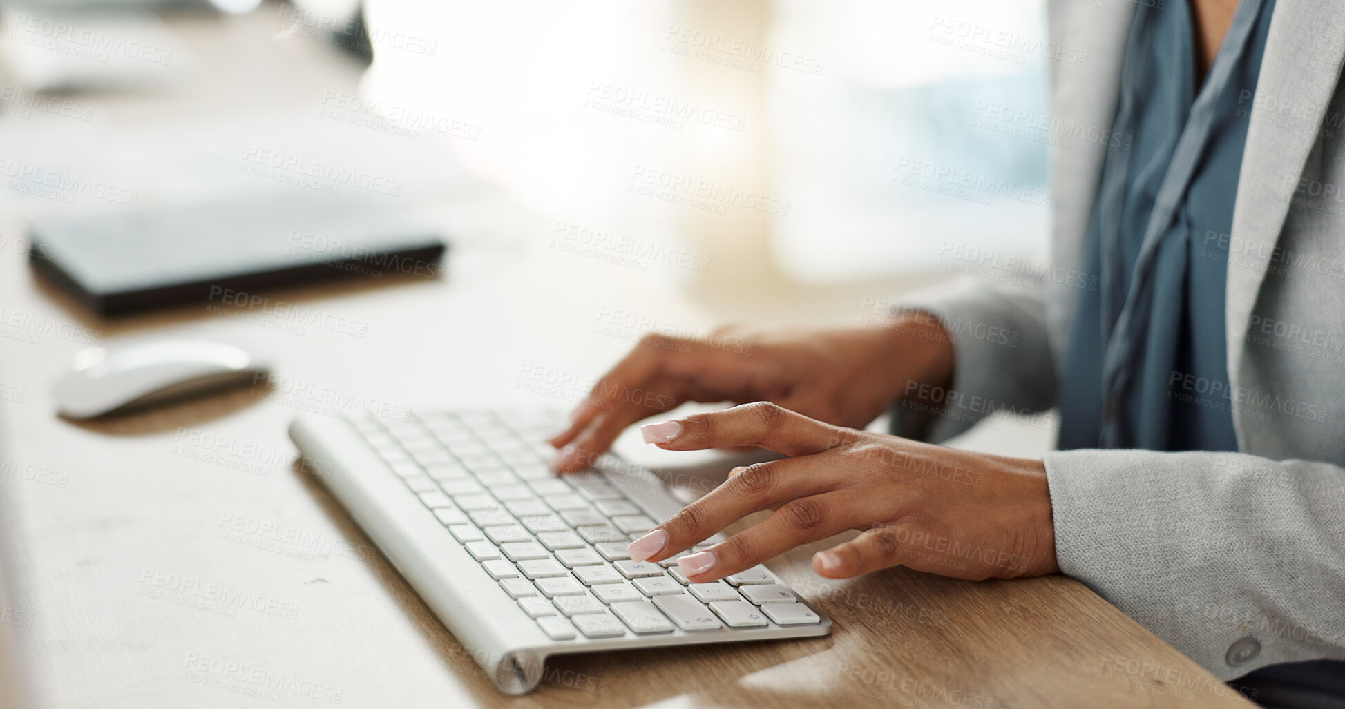 Buy stock photo Keyboard, hands and businesswoman in the office typing for legal research for a court case. Technology, career and closeup of professional female attorney working on a law project in modern workplace