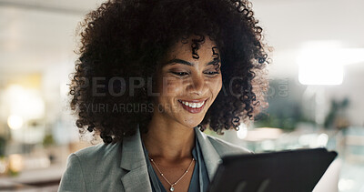 Face, woman and tablet with smile for business, innovation and creative research in office at workplace. Technology, employee and person with happiness for online project, planning and networking