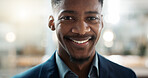 Young businessman, smile and face on closeup with confidence and positive attitude for startup at work. Employee, professional and portrait of entrepreneur and bokeh or ready for career in accounting