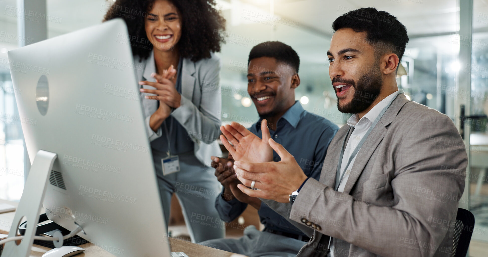 Buy stock photo People, team and collaboration in celebration at office for success, achievement or goal in project. Diverse group, congratulations and technology in digital marketing, sales or e commerce with staff