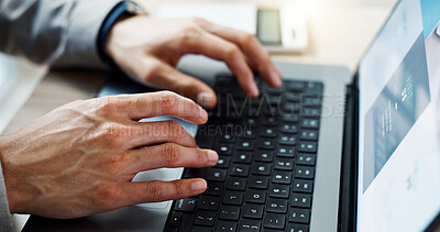 Closeup, hands typing and a laptop for work, email or web design. Connection, office and a corporate employee working on a computer for business, website information and communication online