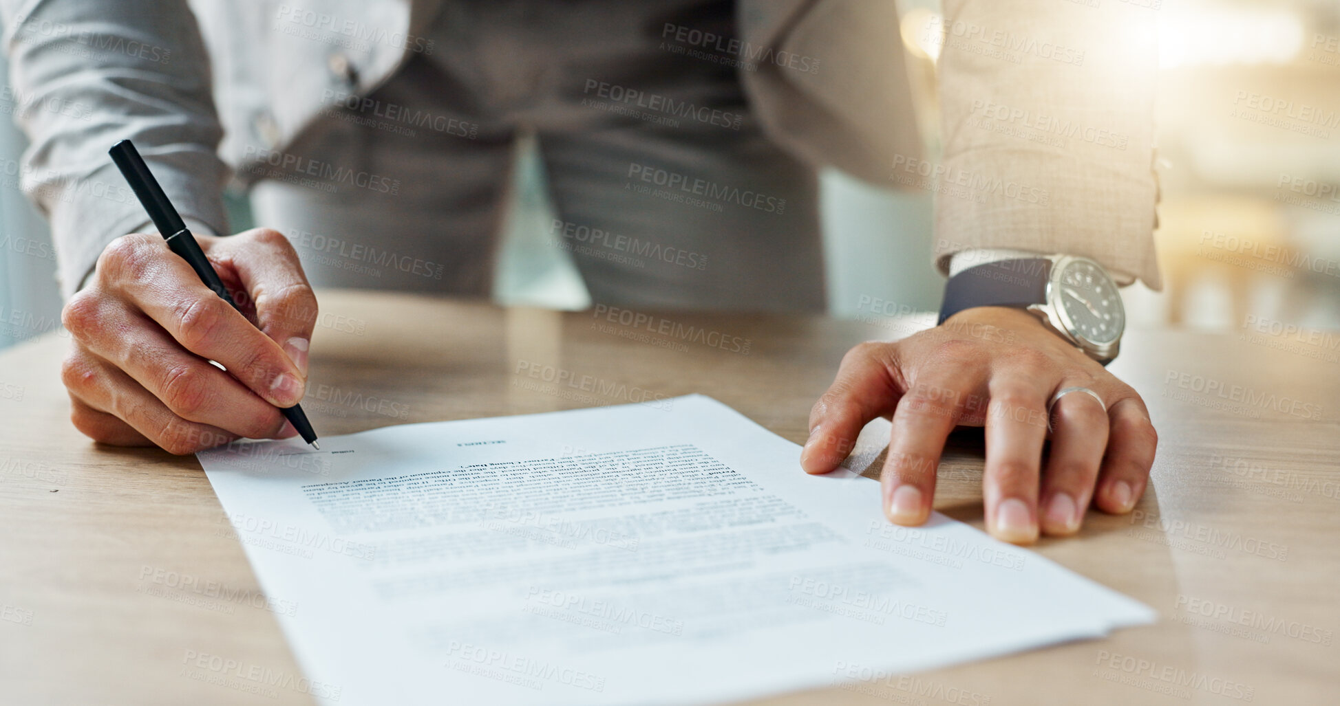 Buy stock photo Closeup, hands and business man with documents, writing and signature with planning, review and feedback. Zoom, person and employee with paperwork, lawyer or legal contract with letter, policy or pen