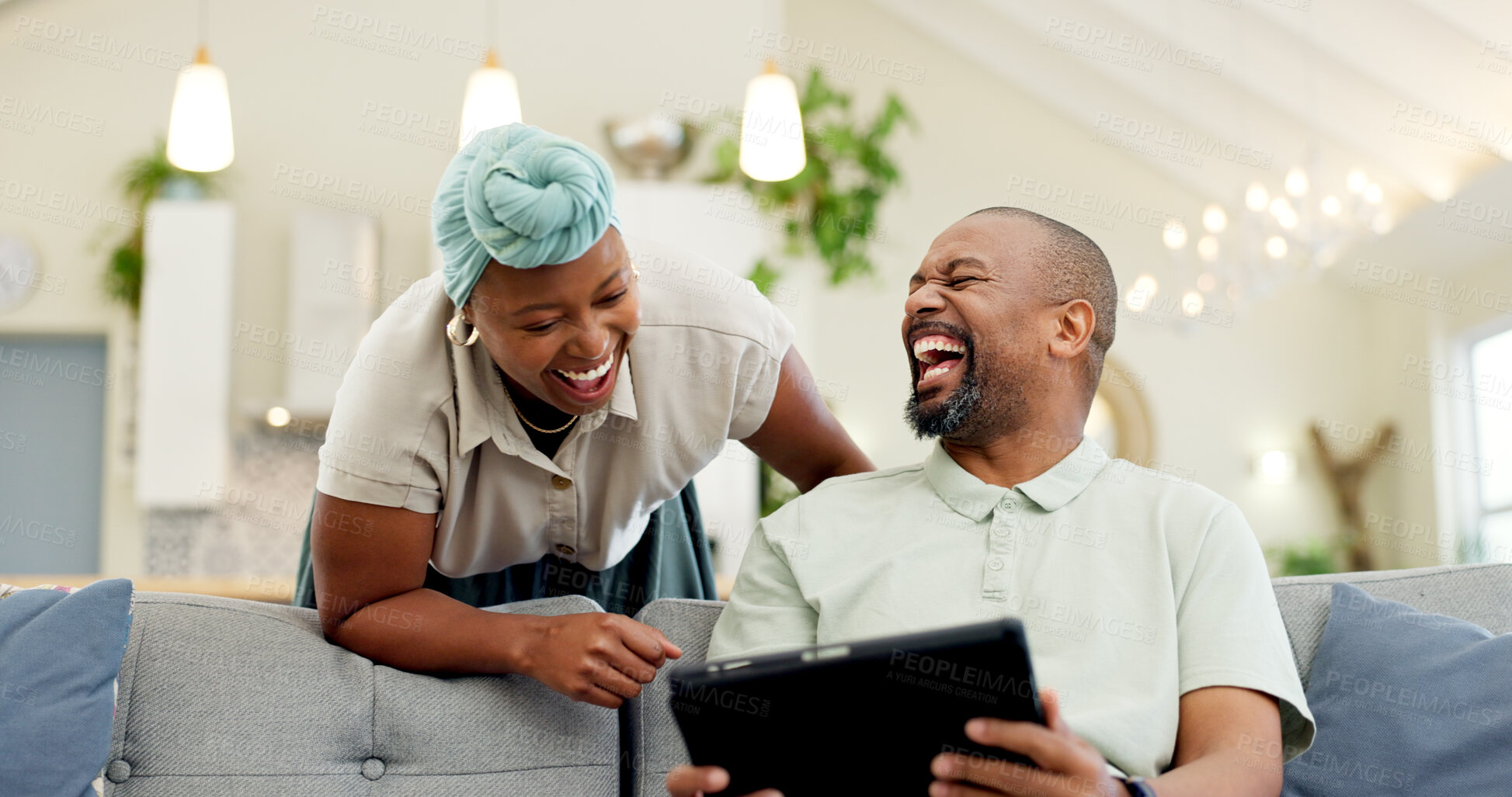 Buy stock photo Black couple, laughing and tablet on a home sofa for streaming, meme and internet in a living room. African woman and man together to talk about tech, funny post or video on social media or network