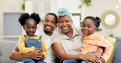 Black family, love and parents with child on sofa at home for bonding, quality time and happiness. Portrait, lounge and happy mother, father and girl on couch smile together for fun in living room