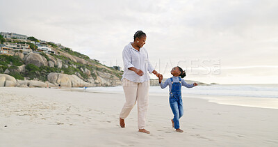 Black family, mother and daughter holding hands, walk on beach and bonding with love and care outdoor. Happiness, freedom and travel, woman and young girl on holiday with trust and support in nature