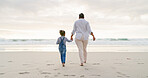 Black family, mother and daughter holding hands, beach and bonding with love and care, back view and walk outdoor. Sea, freedom and travel, woman and girl on holiday with trust and support in nature