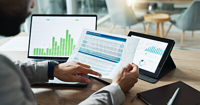 Hands, laptop and chart with paper for business man, analysis or check progress of economy, investment or profit. Financial agent, pc and reading graph for data document, growth or numbers for future
