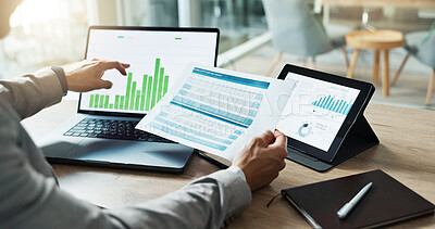 Buy stock photo Hands, laptop and chart with paper for business man, analysis or check progress of economy, investment or profit. Financial agent, pc and reading graph for data document, growth or numbers for future